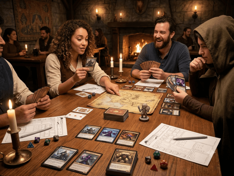 Un gruppo di amici gioca a un gioco di ruolo con carte all'interno di una taverna accogliente, con schede personaggio, dadi e una mappa sul tavolo di legno